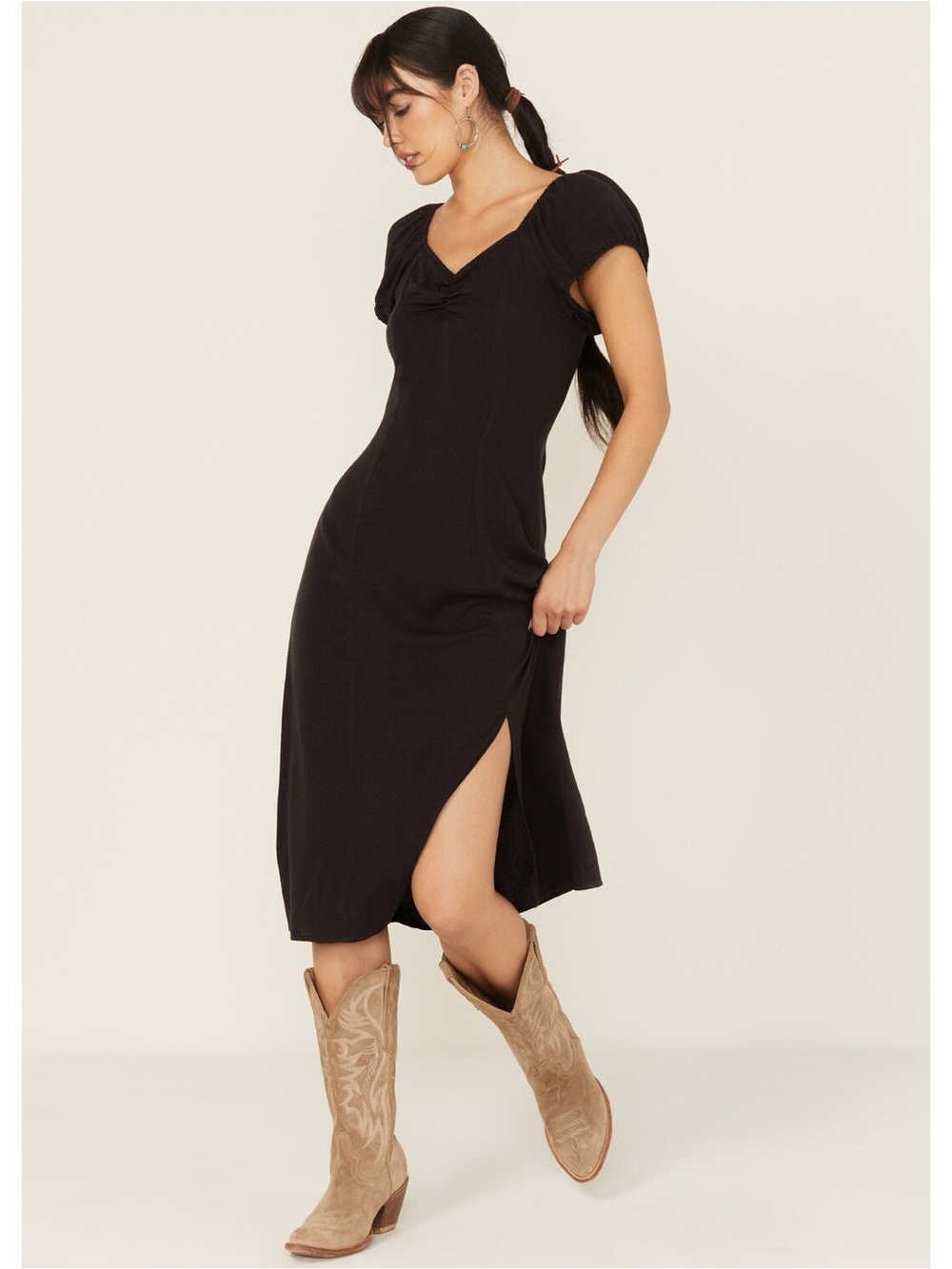 Idyllwind Black Sweetheart Midi Dress with Puff Sleeves Women’s XL